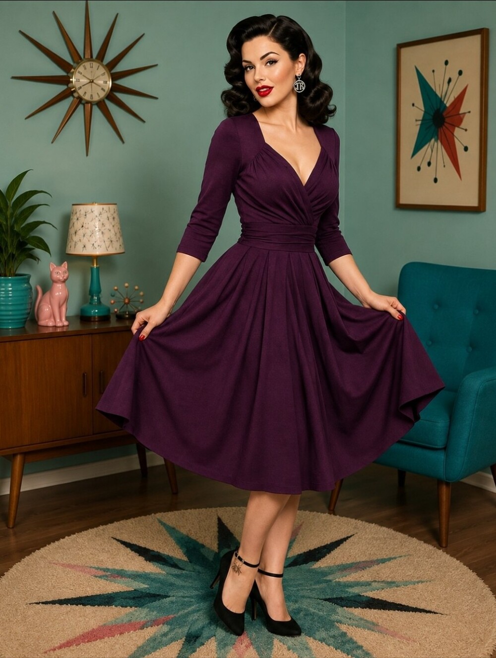 Elegant Plum Wrap-Style Midi Dress